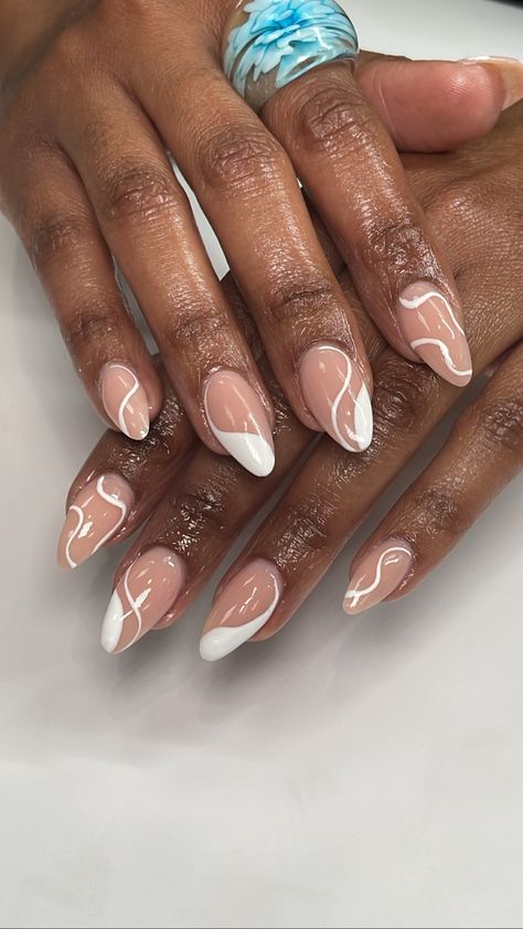 Valentino -Perfect Nude | Dnd- Gel Polish: Snow Flake White : Almond Shaped Nails | Nail Art #nailsdesign #almondnails #AcrylicNails #aesthetic #pinkandwhite Almond Art Nails, Very Short Gel Nails Ideas, Short Almond Gel Nail Designs, Different Short Nail Shapes, Simple Nail Art White, Nude Gel Nail Designs, Nude Short Almond Nails, Nude And White Nail Designs, Pink And White Almond Nails