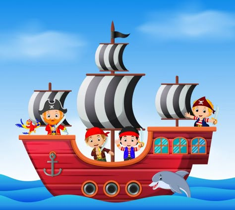 children on pirate ship and ocean scene Premium Vector Kids Pirate Ship, Pirate Pictures, Pirate Boats, Pin Up Drawings, Story Books Illustrations, Illustration Agency, Ocean Scenes, Kids Story Books, Mermaid Birthday Party