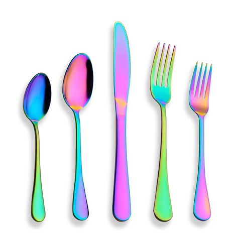 Brighten up your dinners (and your guests' faces) at home with this multi-colored rainbow tinted cutlery set. No boring silverware or dinner parties here! Stainless Steel Silverware, Gold Cutlery, Stainless Steel Dishwasher, Stainless Steel Flatware, Foodie Recipes, Rainbow Color, Tableware Set, Utensil Set, Serving Spoons