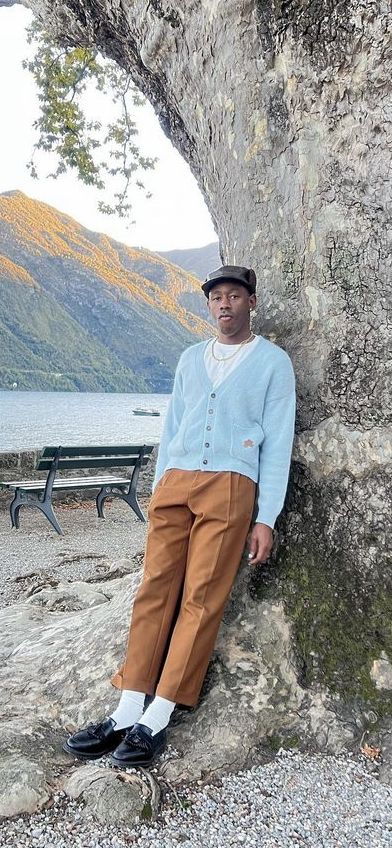 Cardigan Outfit Tyler The Creator, 60s Aesthetic Outfit Men, Men Fashion Color Combination, Golfwang Outfit, Tyler The Creator Cardigan, Tyler The Creator Street Style, Indie Pop Outfits, Grandpacore Outfit Male, Indie Boy Fashion