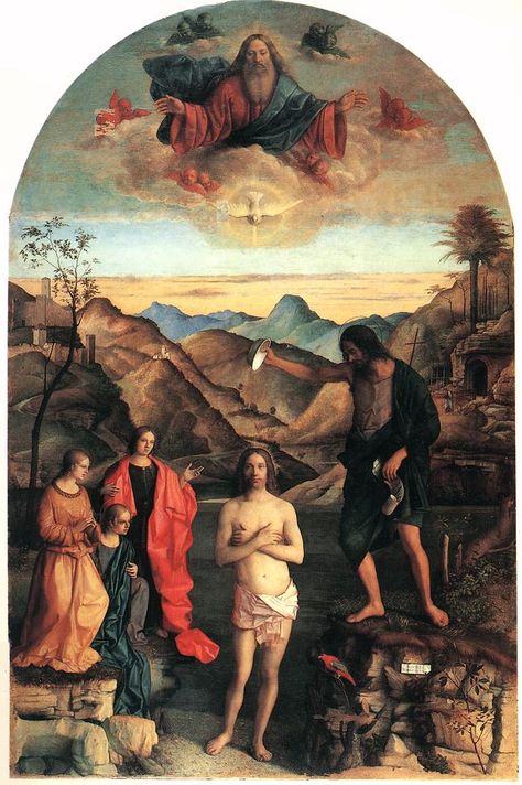 Baptism of Christ, Giovanni Bellini, c 1500. Web Gallery of Art. Baptism Of Christ, Giovanni Bellini, Istoria Artei, Religious Painting, Italian Painters, Last Supper, Jean Baptiste, John The Baptist, Messina