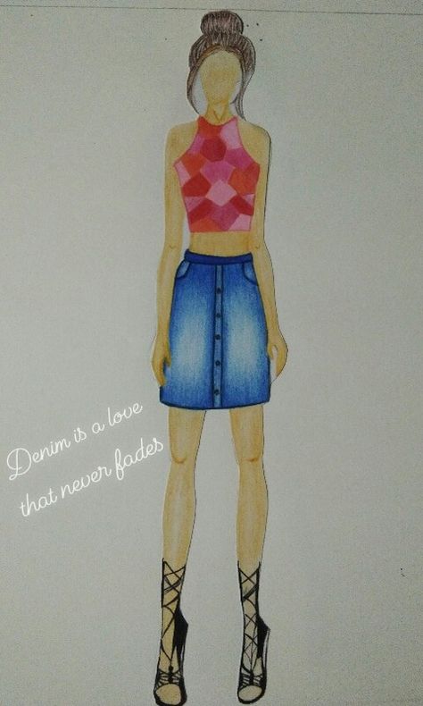 Skirt Top Illustration Sketches, Skirt And Top Illustration Sketches, Denim Skirt Sketch, Skirt And Top Illustration, Denim Fashion Illustration Sketches, Denim Sketch Illustration Fashion, Denim Skirt Drawing, Denim Illustration Fashion, Denim Illustration Sketch