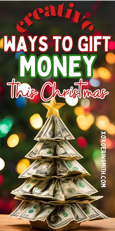 a diy money tree for Christmas. creative ways to give cash gift. Cash Tree Gift Money, Creative Christmas Money Gifts, Shadow Box Money Gift Ideas, Money Ornament Ideas, Disguising Christmas Gifts, Fun Ways To Give Money At Christmas Cash Gifts, Xmas Money Gift Ideas, Cash Giving Ideas For Christmas, Unique Cash Gift Ideas