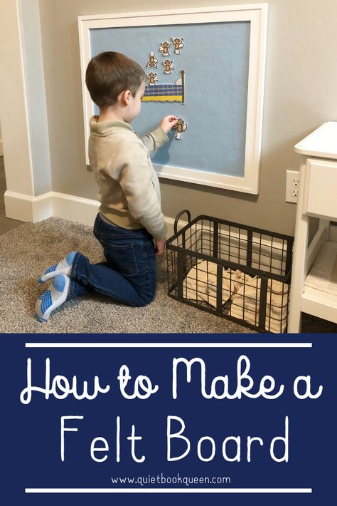 Learn how to make a felt board that can hang on the wall and one for laps and travel!  Felt naturally sticks to felt, and it's a great screen free activity for toddlers, preschoolers, and even kids in elementary school!  You can retell stories, create your own, or play learning games.  It is a simple DIY project, and makes a great gift and usable decoration in a playroom! #feltboard #flannelboard #diyproject #screenfree #playroom #playroomdecoration #feltstory #toddler #preschool #playmatters Felt Board Crafts, Felt Sensory Board, Feltboard Ideas, Toddler Busy Board Diy, Diy Felt Board How To Make, Diy Flannel Board, Diy Velcro Board, Velcro Board, Felt Board For Toddlers