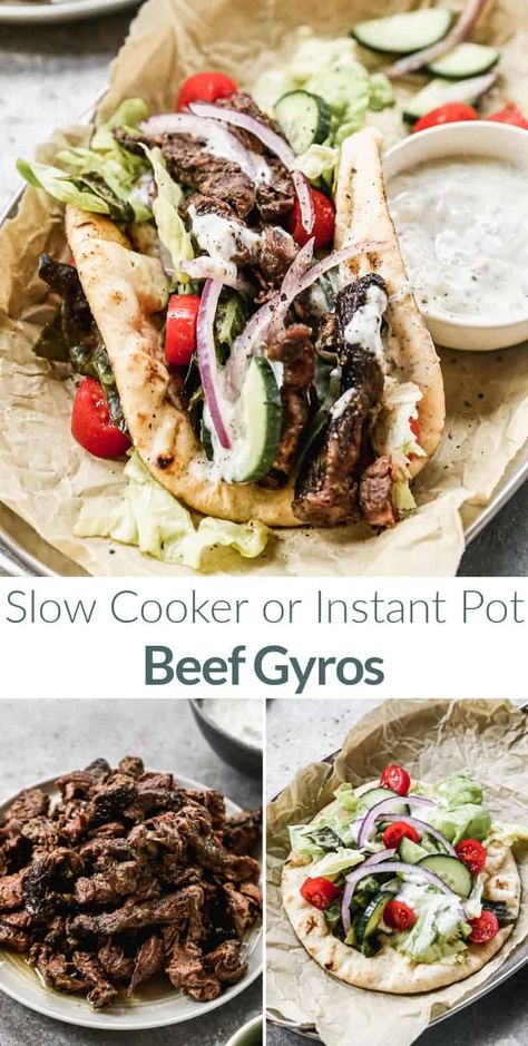 Instant Pot Gyros Beef, Slow Cooker Gyros Beef, Greek Recipes Instant Pot, Roast Beef Gyro Recipe, Roast Beef Gyros, Crockpot Gyros Beef, Pot Roast Gyros, Gyros Recipe Lamb, Fresh Beef Recipes