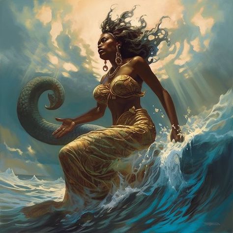 African Mythology Art, Mami Wata Art, Mami Wata Tattoo, Mami Wata Aesthetic, Mami Wata Goddesses, Water Spirit Art, Water Goddess Aesthetic, Water Goddess Art, Feminine Men Aesthetic