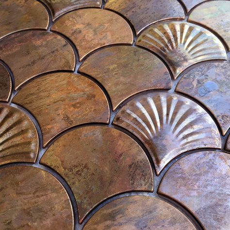 Eden Mosaic Tile Fan Pattern Copper Metal Mosaic Wall Tile | Wayfair Copper Mosaic Backsplash, Mid Century Fan, Copper Mosaic Tile, Unique Tile Patterns, Copper Kitchen Backsplash, Metallic Wall Tiles, Tile For Wall, Metal Mosaic, Shell Fish