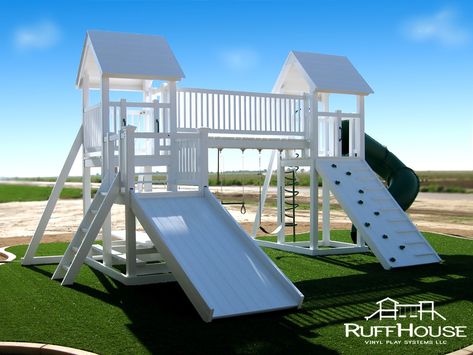 Custom Playsets - Ruffhouse Vinyl Play Systems Backyard Playset, Kids Backyard Playground, Custom Backyard, Backyard Kids Play Area, Backyard Playhouse, Backyard Swings, Playhouse Outdoor, Backyard Renovations, Backyard Play