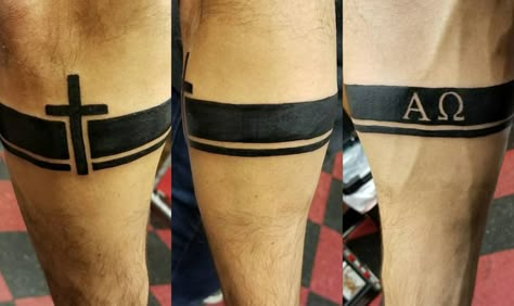 Cross and band tattoo. Alpha and omega. Arm. Alpha Tattoo Men, Christian Band Tattoos For Men, Cross Arm Band Tattoo, Christian Arm Band Tattoo, Alpha Omega Tattoo Design, Cross With Banner Tattoo Design, Alpha And Omega Tattoo, Omega Tattoo, Leg Tattoos For Men