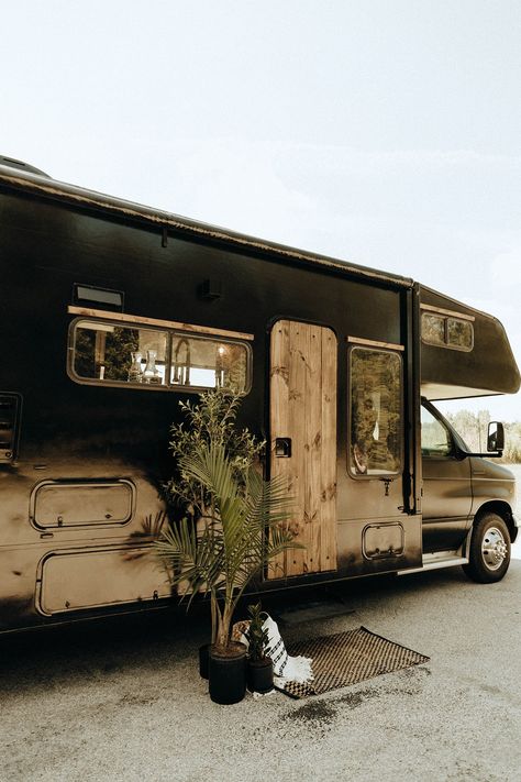 This moody RV interior includes a preserved moss wall (and you can rent it!). Renovation by @_gray_co_ // Photos by @cassnealeighphoto Moody Camper, Renovated Rv, Preserved Moss Wall, Travel Trailer Decor, Rv Interior Design, Rv Interiors, Motorhome Remodel, Rv Exterior, Rv Interior Remodel