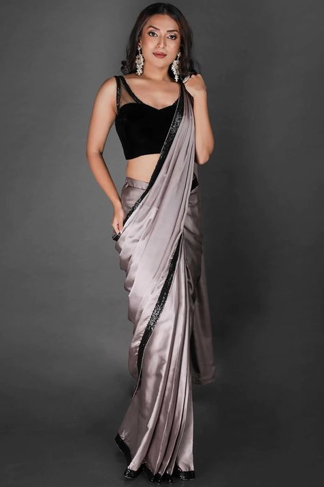 Grey Satin Saree, Cocktail Party Wedding Reception, Farewell Saree, Bridesmaid Sarees, One Minute Saree, Party Wedding Reception, Saree Work, Saree With Belt, Net Blouse