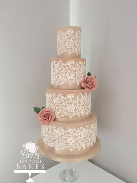 This cake is made using a mix of Sugarflair colours to achieve the nude shade, then decorated with Crystal Candy cake lace “Paradise”, in ivory, trimmed with champagne gold ribbons and finished with hand made sugar roses in an antique pink, with a... Vintage Wedding Cake Designs Lace Detail, Lace Cake Designs, Lace Wedding Cakes, Wedding Cake With Lace, Wedding Cake Lace, Rustic Birthday Cake, Lace Cakes, Lace Cake, Vintage Wedding Cake