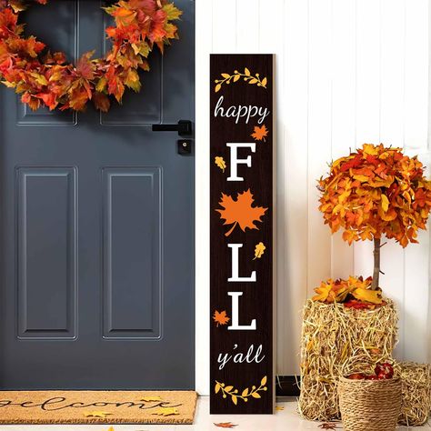 PRICES MAY VARY. HOME DECOR - You will receive fall wood door signs printed with fall maple elements, 'HELLO FALL Y'ALL' text for your fall decorating needs.Features decorative leaves imbued with the warm colors of fall. The background of the sign is painted brown, which makes the fall colors truly pop and stand out. FULL OF ELABORATE DETAIL - This Welcome porch sign made of wooden materials ,reliable and wear resistant, fine workmanship, smooth and textured, . It's designed to resist breakage a Wooden Fall Porch Signs, Happy Fall Yall Door Sign, Fall Wood Signs Front Porches, Fall Front Porch Signs, Fall Door Signs Front Porches, Fall Outside Decor Front Porches, Welcome Signs For Front Porch, Porch Signs Fall, Fall Signs Wooden Diy