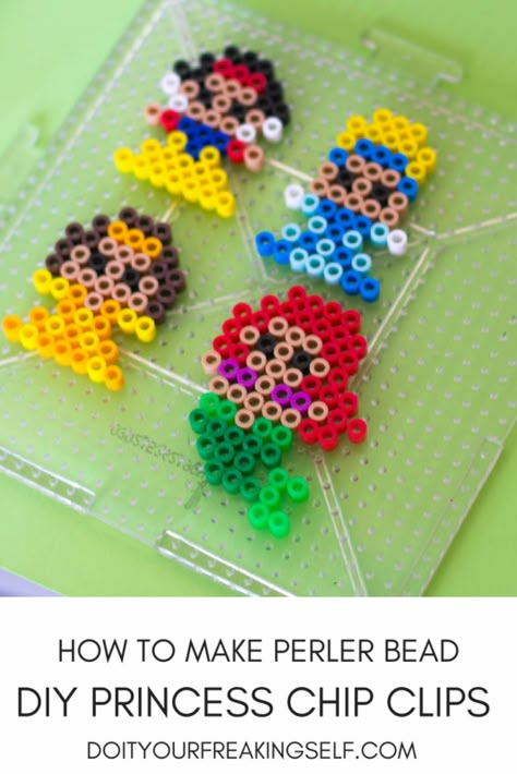 How to make Perler Bead Princess DIY Chip Clips Perler Bead Princess, Hamma Beads Ideas, Easy Perler Bead Patterns, Perler Creations, Pokemon Perler Beads, Pearl Beads Pattern, Perler Ideas, Easy Perler Beads Ideas, Chip Clips