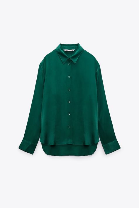 SATIN EFFECT SHIRT - Bottle green | ZARA United States Oversized Poplin Shirt, Oversized Linen Shirt, Silk Bra, Drop Shoulder Shirt, Satin Trousers, Flowy Shirt, Zara Blouse, Satin Shirt, Bottle Green