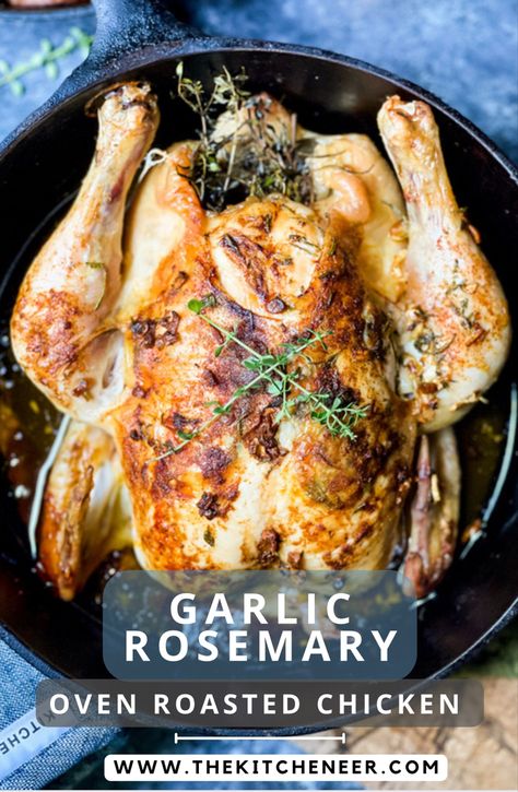 Roasted Chicken With Rosemary, Rosemary Whole Chicken Baked, Whole Rosemary Chicken, Small Roast Chicken Recipes, Whole Chicken Rosemary Recipes, Lemon Rosemary Roasted Whole Chicken, Rosemary Butter Chicken, Chicken In A Roaster Pan, Oven Roasted Chicken With Lemon Rosemary Garlic Butter