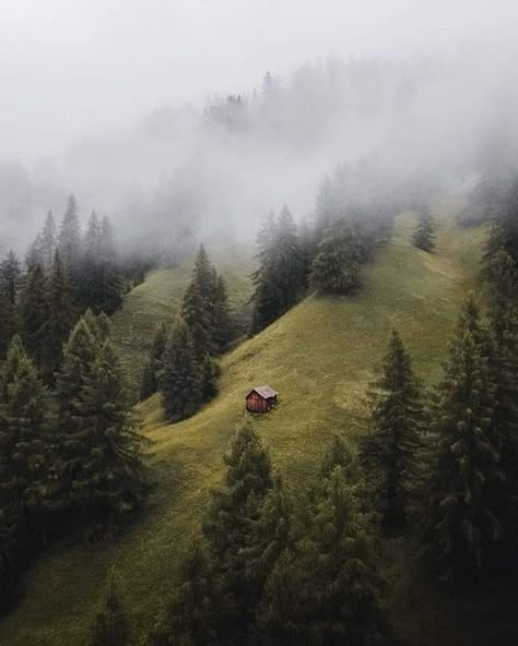 Jacob Core, Mountains Aesthetic, Foggy Forest, Small Cabin, A Cabin, A Hill, Cabins In The Woods, Nature Aesthetic, Nature Landscape