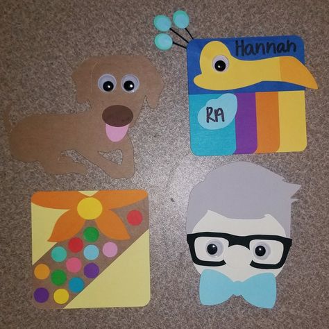 UP door decs! Kevin, Russell, Carl, and Doug! January words to lift you up bulletin board theme. Up characters Up Door Decs, Ra Door Decs Disney, Up Birthday Party Theme Disney, Up Bulletin Board, Resident Assistant Door Decs, Dorm Door Decorations, Dorm Door, Ra Door Decs, Up The Movie