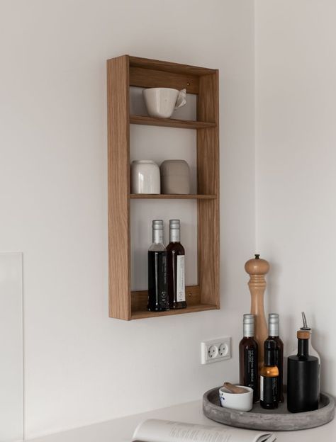 With a slim design, the Threesquare wall-mounted rack of shelves is the perfect object for both storage and showcasing. The squares can easily be mounted and doesn’t take up too much space, since the depth of the shelves is only 8,5 cm. This allows just enough space to arrange your favorite bottles of wine, perfume bottles, flowers or any other of your favorite objects. Can be mounted Vertically or Horizontally. Dimensions:12.6in. Width x 26.38in. Height x 3.3in. Depth Material:Natural FSC Oak w Cup Shelf, Minimalist Storage, Shelf Inspiration, Rental Ideas, Apartment Decor Inspiration, Maximize Space, Interior Inspo, New Room, Kitchen Inspirations