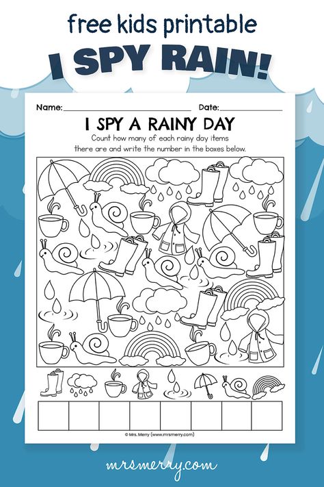 I spy rain printable Rain Crafts, Weather Books, Weather Worksheets, Rainy Day Activities For Kids, Worksheet Preschool, Weather Crafts, Weather Theme, Seasons Activities, Rainy Day Crafts