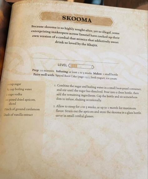 Skyrim Skooma recipe Skyrim Cookbook Recipes, Skooma Recipe, Gamer Foods, Skyrim Cookbook, Fantasy Food Recipes, Skyrim Recipes, Lotr Recipes, Dnd Snacks, Skyrim Wedding