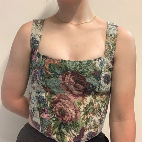 Floral Tapestry Corset Tapestry Corset Top, Linen Corset Top, Floral Corset Outfit, Tapestry Corset, Fashion Design Projects, Wardrobe Build, Handmade Corset, Floral Corset Top, Fair Outfit