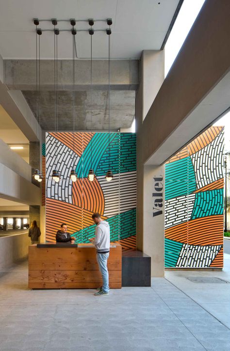 Google Break Room, Commercial Wall Design, Office Mural Wall, Office Mural, Colour Architecture, Industrial Style Decor, Environmental Graphic Design, Lobby Design, Reception Design