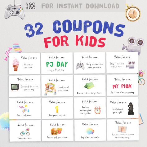 32 coupon cards for kids - a fun homemade gift idea for your child to dictate the activity or gain a reward. Purchase, print and play in minutes. Purchase includes : - 32 Coupons (8 per page) Files are in PDF format. * * * * *  Important Information: Instant download only - no physical items received. No cancellations or refunds are accepted. If you have a problem please contact me and I'll do my best to help.  I am happy to answer any questions before or after purchase. Thanks for supporting a Kids Coupons, Coupons For Kids, Fun Homemade Gifts, Wedding Games For Kids, Kids Birthday Presents, Diy Coupons, Kids Rewards, Birthday Coupons, Reward Coupons