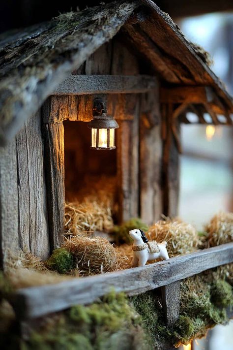 33 Magical Christmas Crib Ideas for a Beautiful Nativity Scene at Home Dyi Nativity Set, How To Make A Nativity Stable From Cardboard, Tabletop Nativity Scene Display Ideas, Stable For Nativity Scene Diy, Diy Stable Nativity, Christmas Stable Nativity Diy, Diy Manger Scene, Nativity Stable Diy, Diy Manger Stable