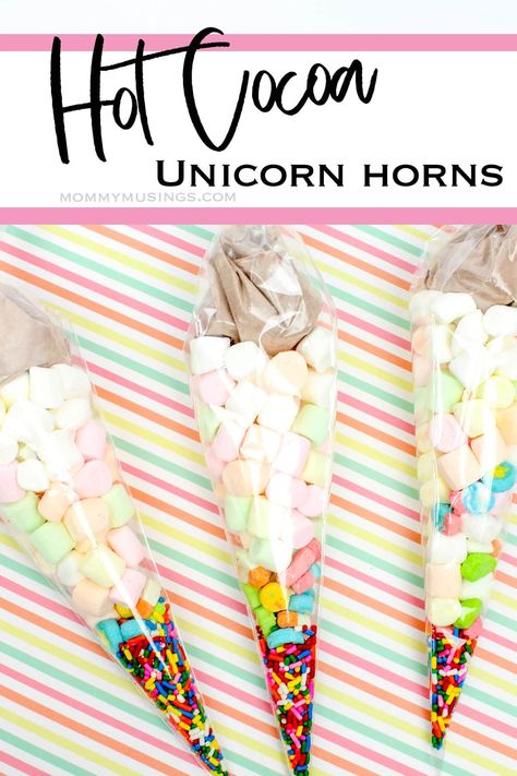 Cocoa Mix Gift, Hot Cocoa Mix Gift, Unicorn Hot Chocolate, Unicorn Horns, Easy Gift Idea, Lucky Charms Marshmallows, Hot Cocoa Gift, Diy Hot Chocolate, Cocoa Gift