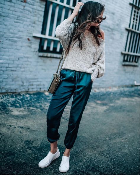 silk jogger pant style, fall outfit, slide on sneakers, off the shoulder sweater style @prettyinthepines Velvet Joggers Outfit, Satin Joggers Outfit, Jogger Outfit Casual, Satin Pants Outfit, Pretty In The Pines, Silk Joggers, Slide On Sneakers, Jogger Pants Outfit, Velvet Joggers