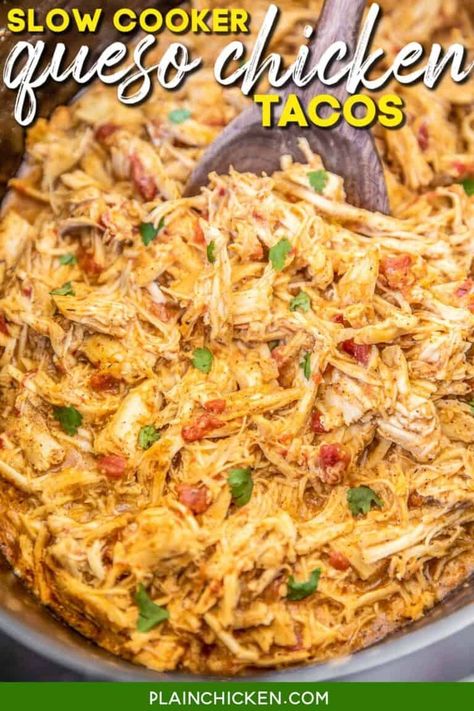 Easy Crock Pot Recipes - Plain Chicken Crockpot Chicken Tacos Recipes, Rotel Recipes, Chicken Breast Slow Cooker, Braised Chicken Breast, Slow Cooker Chicken Tacos, Crockpot Chicken Breast, Shredded Chicken Tacos, Chicken Tacos Crockpot, Chicken Taco Recipes