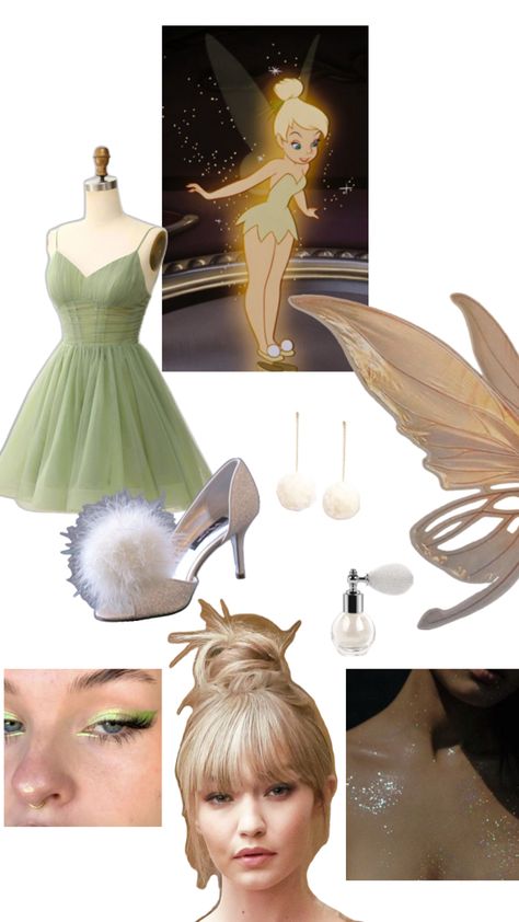 Costume Aesthetic Tinkerbell Halloween Costume, Fairy Halloween Makeup, Girly Costumes, Costume Aesthetic, Blonde Halloween Costumes, Tinkerbell Dress, Tinkerbell Costume, Easy Halloween Costumes For Women, Kiss Costume