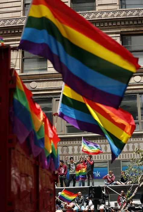 San Francisco Pride parade attendees watch from atop scaffolding on Market Street in San Francisco, Calif., on Sunday, June 25, 2017. Photo: Scott Strazzante, The Chronicle Gay Rights Movement, Lgbt Rights, Gay Marriage, Pride Parade, Market Street, Dating After Divorce, Scaffolding, Dating Memes, Just Friends