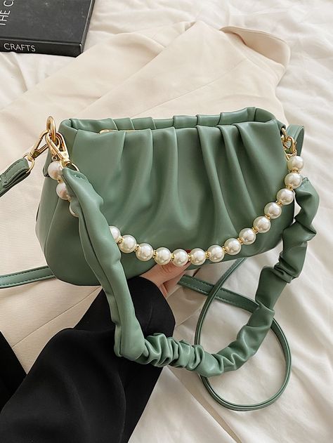 Trendy Shoulder Bag With Pearl Handle For Shopping, Elegant Bags With Pearl Handle, Elegant Green Bag With Pearl Handle, White Shoulder Bag With Pearl Handle, Green Chain Shoulder Bag, Stylish, Ruched Bag, Pearl Decor, Adjustable Bag, Fancy Bags