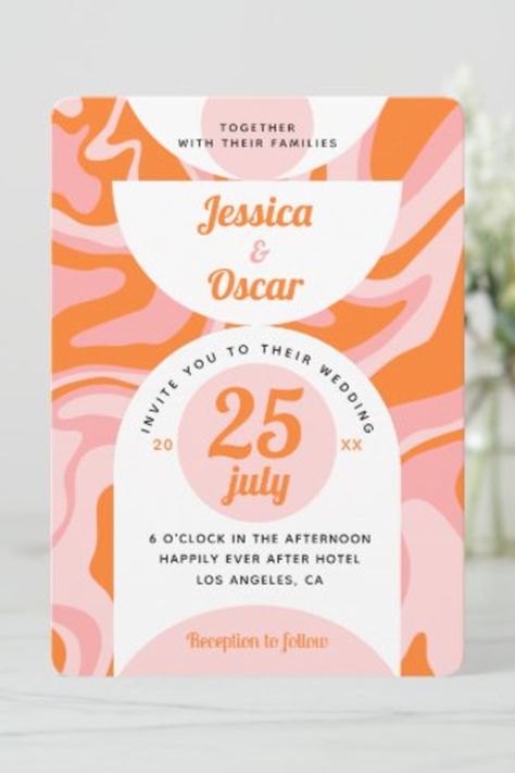 Retro 70s Liquid Swirl Boho Pink Orange Wedding Invitation Pink And Orange Party Invitations, Pink And Orange Invitations, Pink Orange Wedding, Orange Invitation, Orange And Pink Wedding, Retro Invitation, Orange Wedding Invitations, 21 Diner, Retro Wedding Invitations