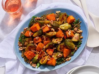 Miso Maple Brussel Sprouts and Sweet Potatoes with Lentils Recipe | Food Network Brussel Sprouts And Sweet Potatoes, Miso Paste Recipes, Maple Brussel Sprouts, Sprouting Sweet Potatoes, Lentils Recipe, Mary Berg, Sweet Potato Spinach, Paste Recipe, Meatless Mondays