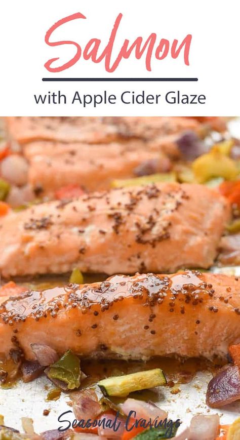 Celebrate apple season with this delicious Sheet Pan Apple Cider Glazed Salmon.  It's easy to prepare and the salmon tastes great slathered with apple cider sauce. #glutenfree #sheetpan #dinner #easyrecipe Salmon With Apples, Apple Salmon Recipe, Apple Cider Glazed Salmon, Salmon Apple Recipes, Apple Cider Salmon, Autumn Salmon Recipes, Thanksgiving Salmon, Recipes Using Apple Cider, Apple Salmon