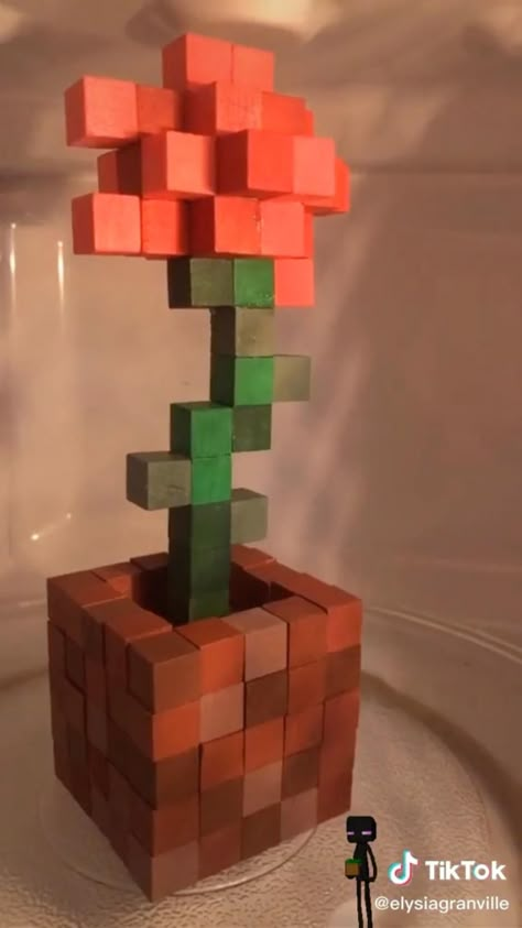 Minecraft Rose Pixel Art, Minecraft Flower Cubes, Wood Minecraft Flower, Minecraft Rose Wooden Blocks, Minecraft Flower Wooden Cubes, Minecraft Cubes Diy, Wooden Block Pixel Art, Minecraft Flower Pot Diy, Diy Minecraft Flower Wood