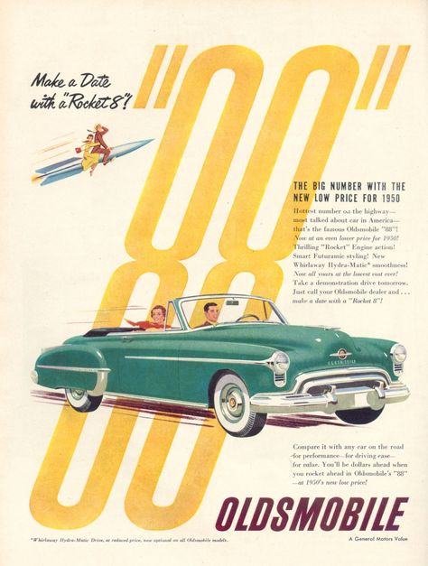 Vehicle Illustration, Vintage Cars 1950s, 1950s Car, 50s Cars, Vintage Auto's, Oldsmobile 88, Automobile Advertising, Retro Ads, Poster Ads