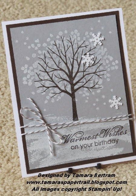 Sheltering Tree, Blooming With Kindness (sentiment), Early Espresso Baker's Twine, Frosted Sequins Sheltering Tree Stamp Set, Stampin Up Weihnachten, Tree Stamp, Stampin Up Christmas Cards, Paper Trail, Winter Birthday, Making Greeting Cards, Tree Cards, Stamping Up Cards