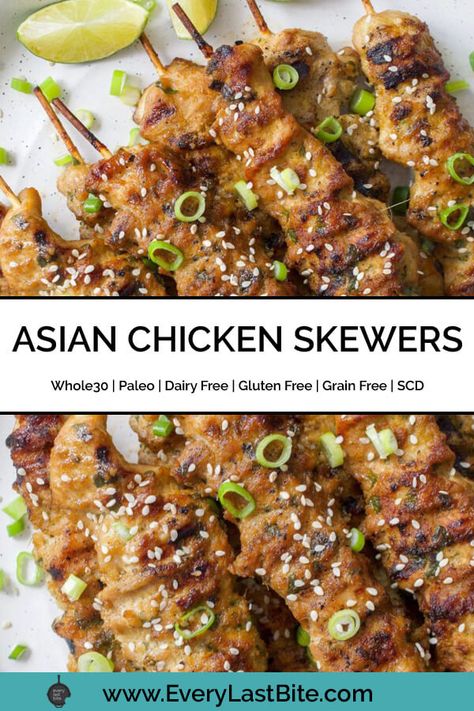 These Chicken Skewers are marinated in a delicious and highly addicting Asian inspired sauce with lots of ginger and fresh lime juice. Super easy to make and so good! These Paleo Asian Chicken skewers are Whole30, Dairy Free, Grain Free, Gluten Free, and Specific Carbohydrate Diet Legal. Whole 30 Asian Chicken, Paleo Asian Chicken, Aip Chicken Teriyaki, Aip Grilled Chicken, Asian Chicken Skewers, Paleo Chicken Skewers, Muscle Meals, Whole30 Recipe, Marinated Chicken Recipes