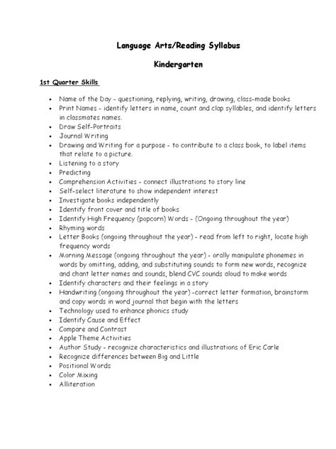 This document provides the syllabi for the Language Arts/Reading, Math, Science, and Social Studies courses for Kindergarten for the 1st quarter. The Language Arts/Reading syllabus outlines the skills that will be taught in each quarter, including identifying letters, sounds, rhyming words, comprehension activities, and handwriting. The Math syllabus outlines skills like counting, patterns, shapes, time, money, measurement, and addition that will be taught each quarter. The Science and Social 1st Grade Syllabus, Kindergarten Syllabus, Curriculum Kindergarten, Popcorn Words, Maths Syllabus, Identifying Letters, Book Letters, Homeschool Kindergarten, Study Course