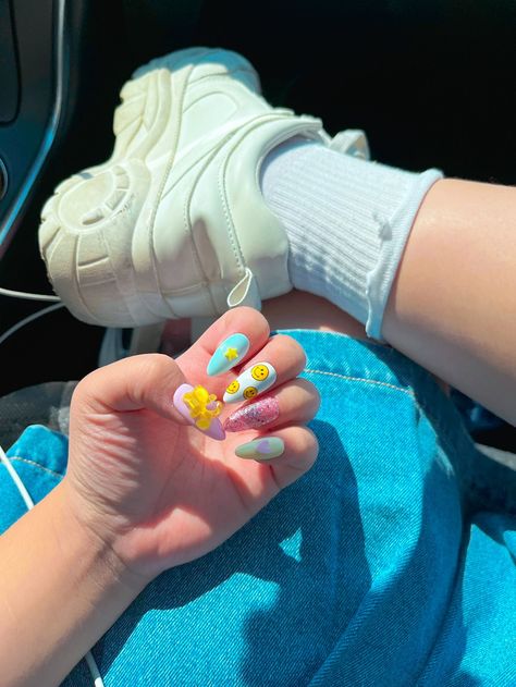 Txt blue hour inspired nails w jean skirt and white chunky shoes Txt Blue Hour Nails, Txt Nails Designs Blue Hour, Blue Hour Nails, Txt Inspired Nails, Kpop Nails Inspired, Txt Nails, White Chunky Shoes, Txt Blue Hour, Txt Concert