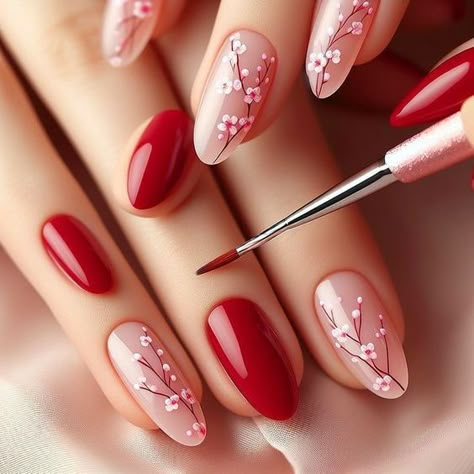 Cherry Blossom Gel Nails, Red Cherry Blossom Nails, China Nails Design, Nails Cherry Blossom, Nail Art Cherry, Cherry Blossom Nails Art, Cherry Nail Art, Cherry Blossom Nails, Kutek Disney