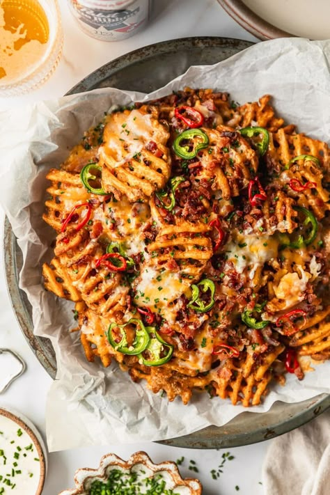 Fries Recipe Loaded, Waffle Fry Nachos, Loaded Waffle Fries, Truck Vision Board, Fries With Chicken, Waffle Fries Recipe, Fry Nachos, Frozen Fries, Cheesy Fries