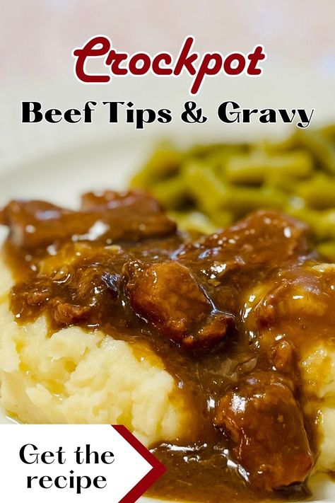 This easy Crockpot recipe makes the best ever tender and tasty beef tips with gravy. Use stew meat, tri-tips or sirloin. Serve rice or mashed potatoes for a delicious weeknight meal. #dinnerrecipe Tritip In Crock Pot, Recipes With Beef Stew Meat Crockpot, Beef Tips And Gravy Crockpot Easy, Recipe For Beef Tips, Crockpot Beef Tips And Gravy, Beef Tips And Gravy Recipe, Crockpot Beef Tips, Beef Tips And Rice, Crock Pot Beef Tips