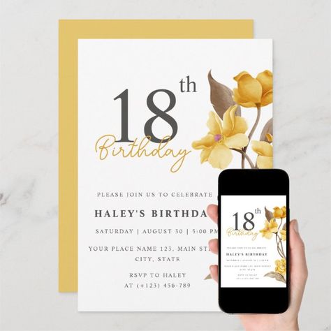 Adult Birthday Invitations | Yellow Color Elegant 18th Invitations | eighteen years Birthday Celebration This Simple and Chic design features a yellow floral theme and modern typography on a white background, with pastel yellow background on the back. Personalize the invite with your details and if you want to further re-arrange the style and placement of the text, please press the "Click to customize further" button. For more products in the same theme visit my shop: Youtopia Official. 65th Birthday Invitations, 75th Birthday Invitations, Pastel Yellow Background, 21st Invitations, 73rd Birthday, 92nd Birthday, 90th Birthday Invitations, 62nd Birthday, 57th Birthday