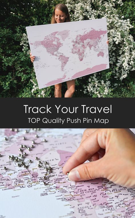 Pin Travel Map, United States Push Pin Map, World Map With Pins Travel Wall Art, Map With Push Pins, Travel Themed Room, Travel Map Pins, World Map Travel, Location Pin, Push Pin World Map