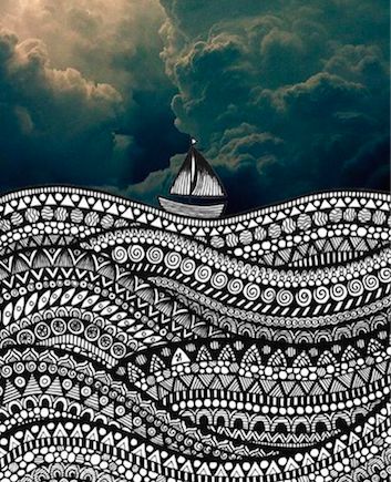 Water Zentangle, Zentangle Clouds, Zentangle Waves, Wave Zentangle, Water Mandala, Sea Mandala, Sailboat Drawing, Zantangle Art, Arte Doodle